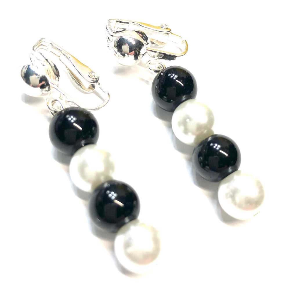 Handmade Black & White Clip On Earrings Women Gift Anniversary Wedding