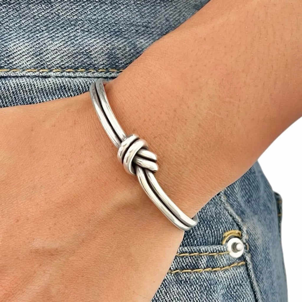 Handmade Sterling Silver Knot Cuff Bracelet, Minimalist Rustic Simple Tied Silver Wires, Adjustable Large size Cuff 7 1/2 inches