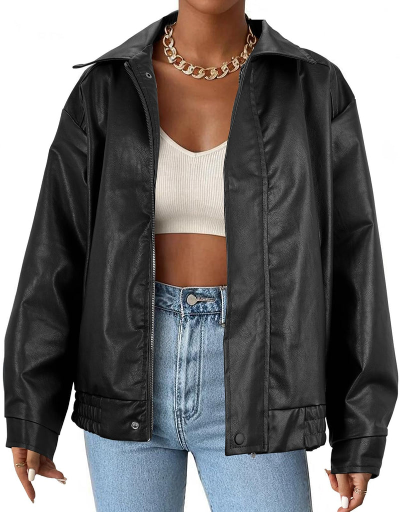 American Trends Leather Jacket Women Bomber Pleather Jacket Oversized Leather Blazer Biker Motorcycle Jacket