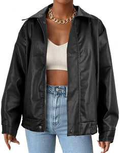 American Trends Leather Jacket Women Bomber Pleather Jacket Oversized Leather Blazer Biker Motorcycle Jacket
