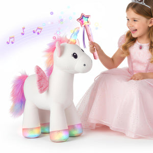 iPlay, iLearn Plush Magic Unicorn Toy W/Remote Control Fairy Magical Wand, Girl Music Unicorn Stuffed Animal W/LED Light Sound, Interactive Birthday Gift 18 24 Month Baby Toddler 2 3 4 5 6 7 Year Kid