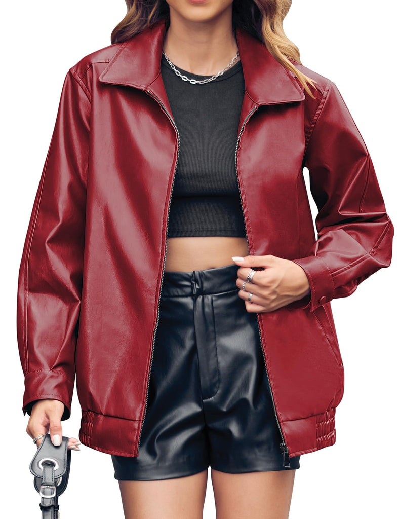 Miladusa Womens Oversized Leather Jackets Faux Casual Zip Up Trendy Bomber Motorcycle Jacket with Pockets