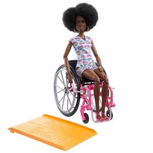 Barbie Doll with Wheelchair and Ramp, Kids Toys, Barbie Fashionistas, Curly Black Hair, Rainbow Heart Romper, Clothes and Accessories