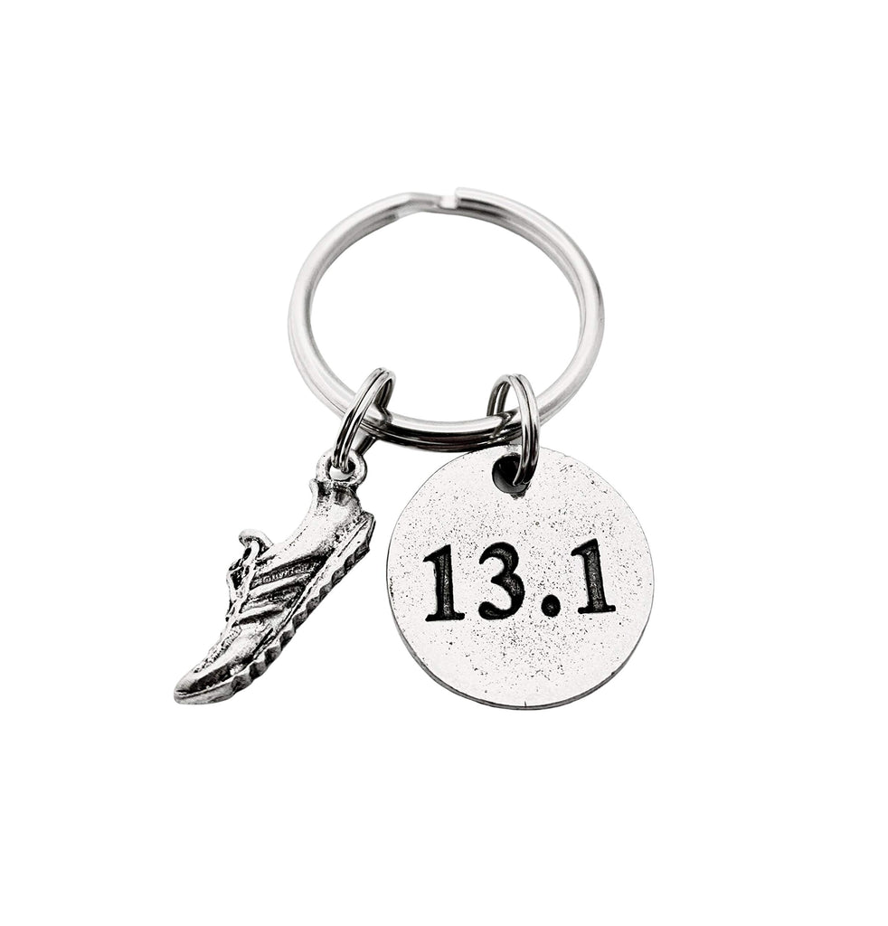 RUN 13.1 Half Marathon Pewter Pendant Key Chain - Pewter Running Shoe Charm and Round Pewter 13.1 Pendant on Round Stainless Steel Key Ring