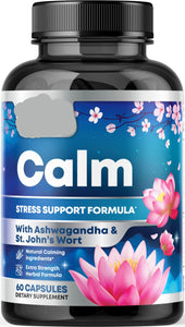 Supplement bottle labeled 'Calm' with floral design on a white background