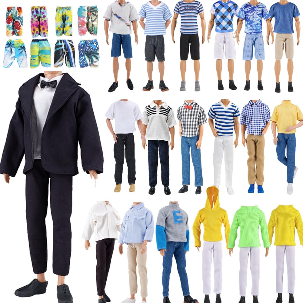 E-TING 10-Item Fantastic Pack = 1 Black-tie Suit with a Shirt Set + 3 Sets of Casual Wear Clothes Outfit + 1 pc Swim Trunks +5 Pairs Shoes for 12inches boy Doll Random Style