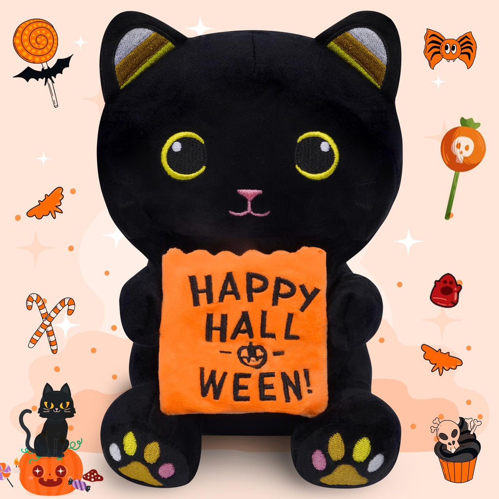 Black Cat Plush,8in Halloween Cat Plushie Stuffed Animal,Black Kitten Plush Doll Toys,Halloween Party Favors Decorations Trick or Treat Gifts for Kids