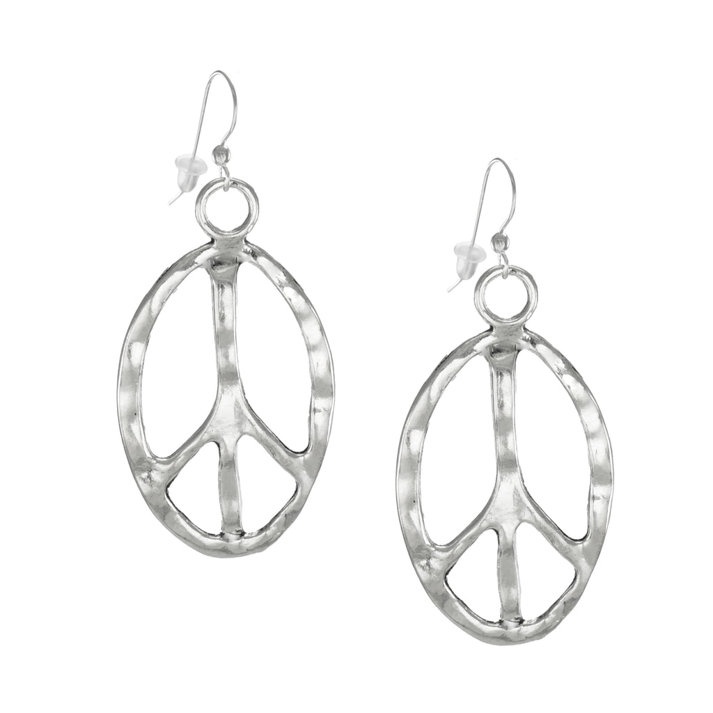Beautiful Large Modern Hammered Pewter Peace Sign Earrings – .925 Sterling Silver Earwires