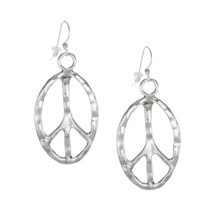 Beautiful Large Modern Hammered Pewter Peace Sign Earrings – .925 Sterling Silver Earwires