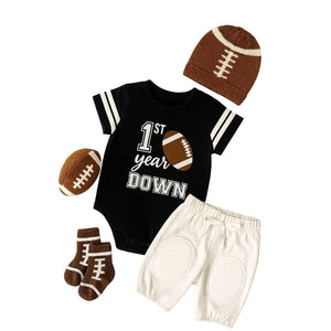 Personalized Football First Birthday Shirt Bodysuit Pants 1st One Year Old Shirt First Year Down FYD2