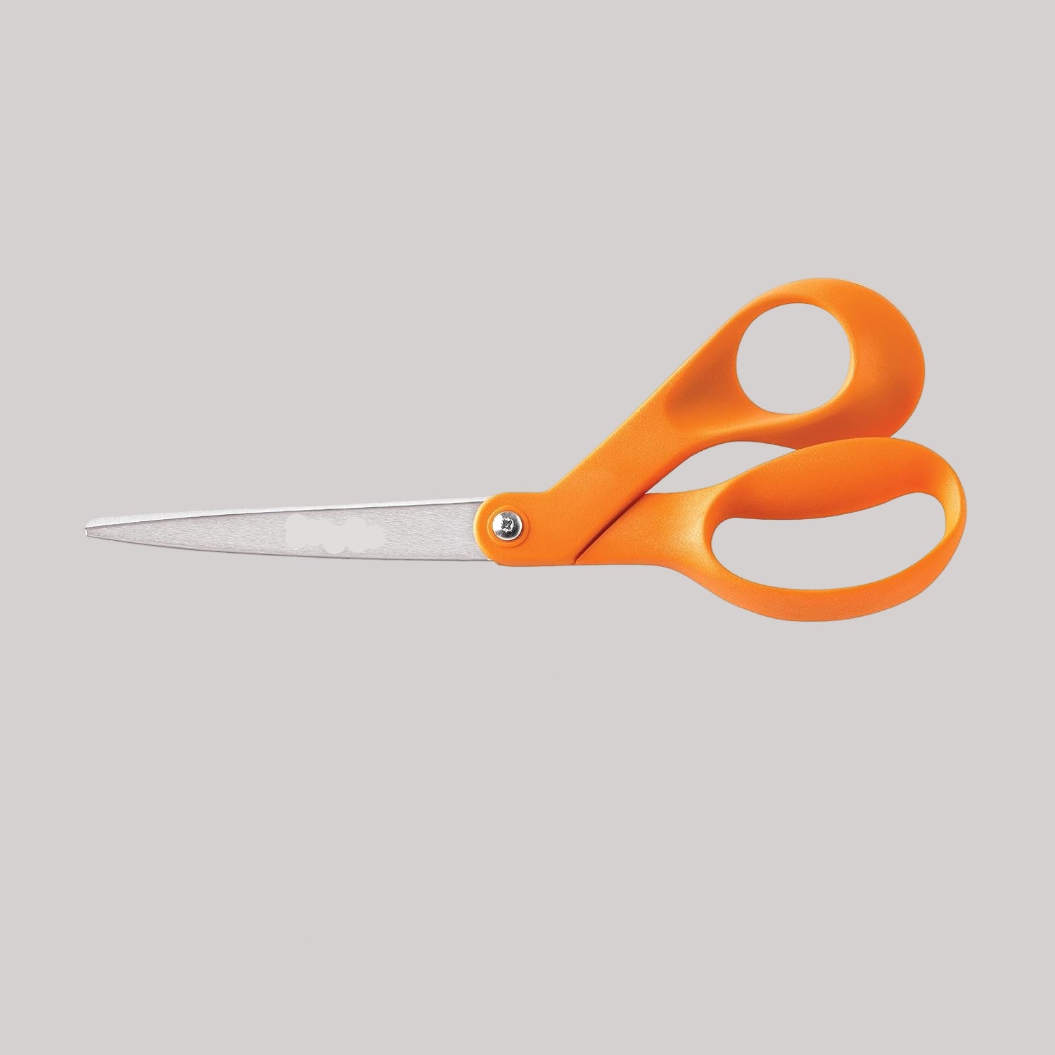 Orange Fiskars scissors with measurements on a white background