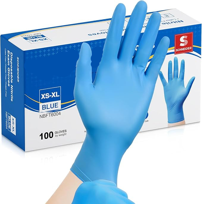 Blue nitrile gloves with a box labeled Schneider on a white background