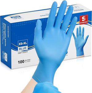 Blue nitrile gloves with a box labeled Schneider on a white background