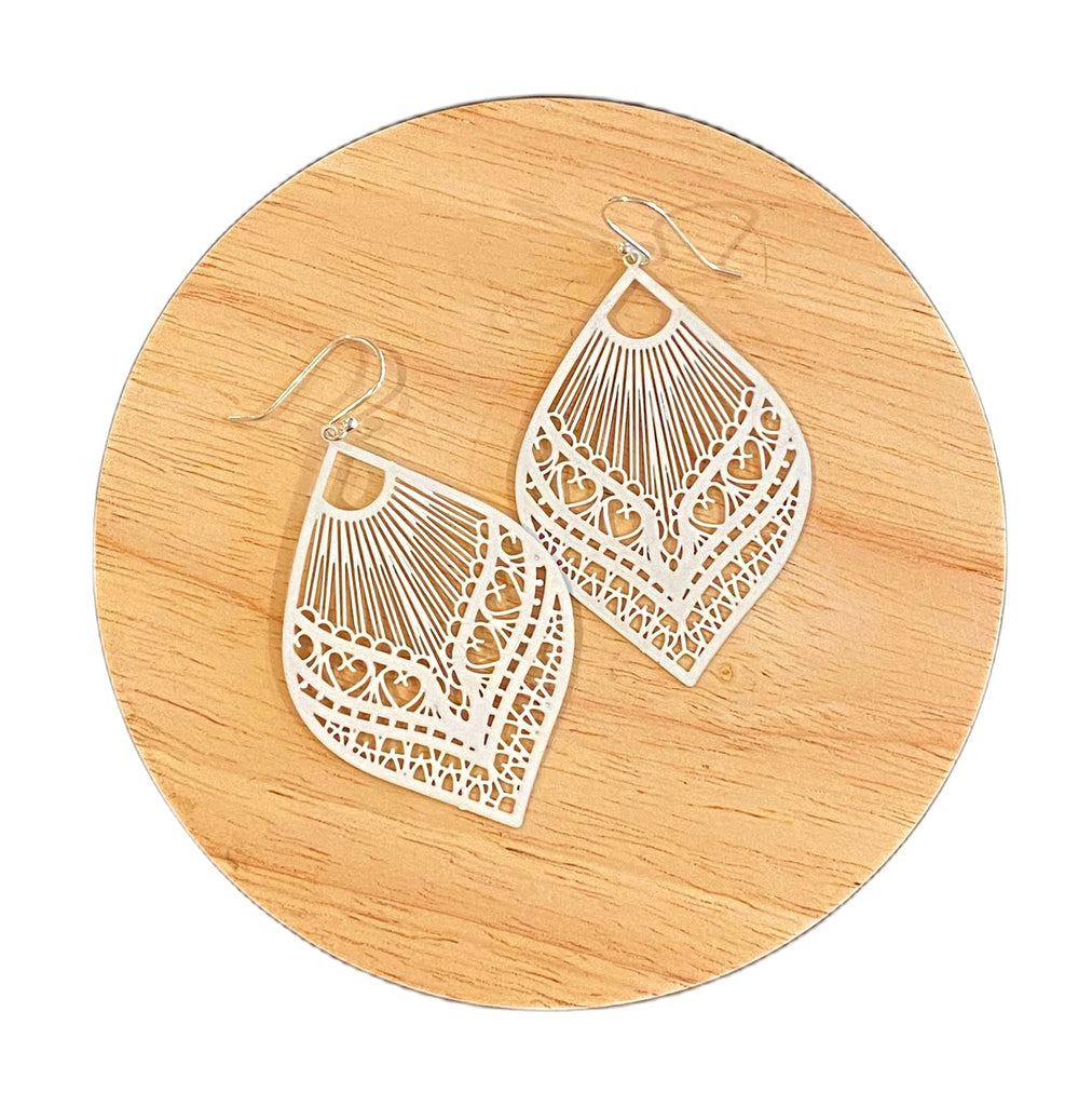 White Filigree Enameled Teardrops on Sterling Silver Earrings