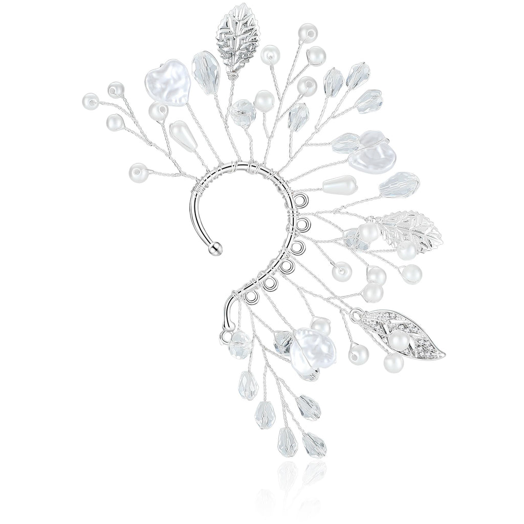 Silver Leaves Elf Ear Cuff Single Left Ear Pearl Fairy Ear Cuff