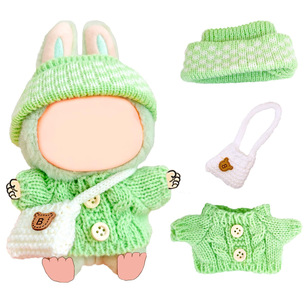 17cm Doll Clothes Set for Lububu, Designer Hand-Crocheted Green Sweater Outfit with Hat & Backpack?Cute Ropa Clothing and Accessories for 15cm Have a Seat Series Dolls Display and Dress-Up