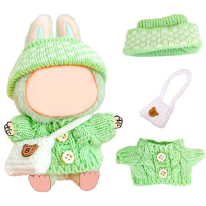 17cm Doll Clothes Set for Lububu, Designer Hand-Crocheted Green Sweater Outfit with Hat & Backpack?Cute Ropa Clothing and Accessories for 15cm Have a Seat Series Dolls Display and Dress-Up