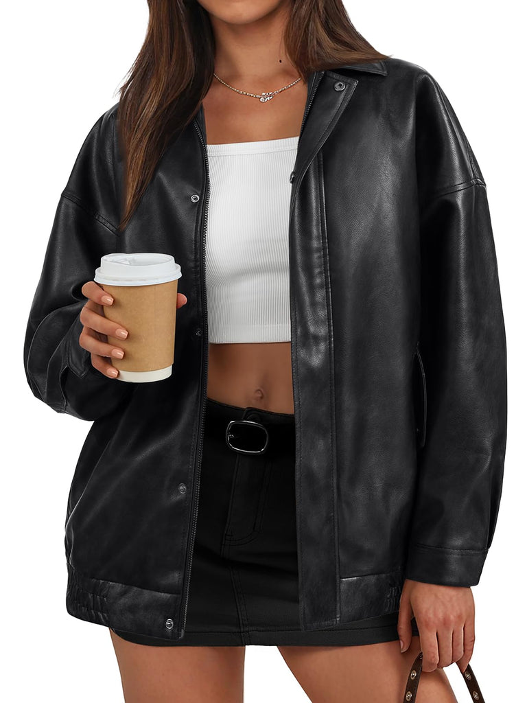 Trendy Queen Womens Leather Jackets Oversized Bomber Motorcycle Fall Zip Up Winter Coats