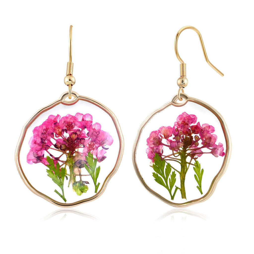 Pressed Flower Dangle Gold Earrings for Women Circle Handmade Floral Resin Earrings Plant Jewelry for Summer or Vacation