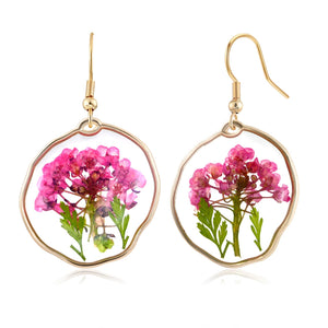 Pressed Flower Dangle Gold Earrings for Women Circle Handmade Floral Resin Earrings Plant Jewelry for Summer or Vacation