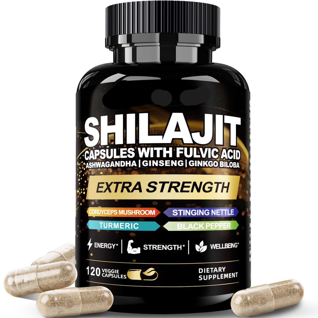 Fubienfit Shilajit capsules with fulvic acid supplement bottle on a white background
