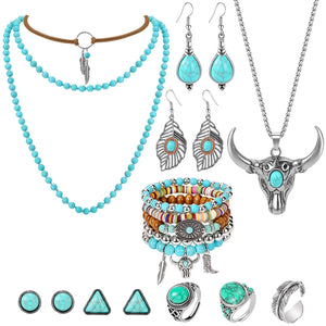 OLngMaMa Turquoise Jewelry Set for Women, Western Jewelry Style – Includes Turquoise Necklace, Earrings, Bracelet & Rings