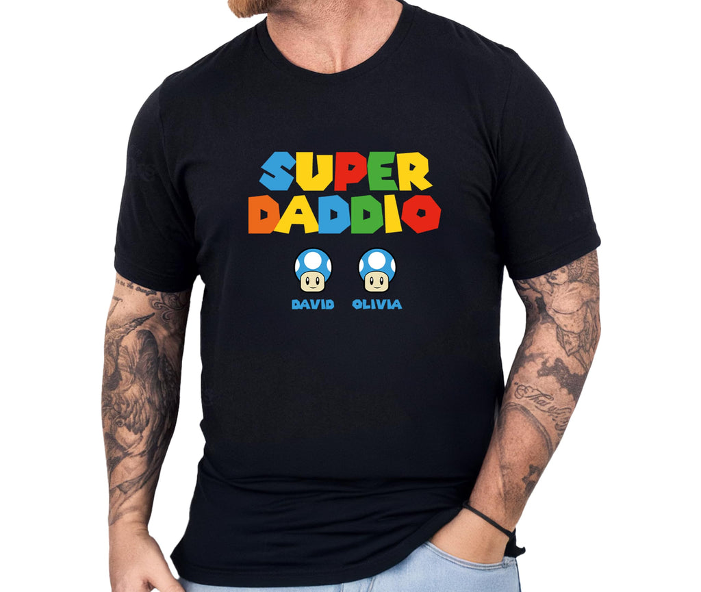 Personalized Dad T-Shirt, Mens Father’s Day Presents, Super Daddio Tee with Children’s Names, Grandpa Top with Grandkids, Papa Clothes from Son or Daughter, Birthday Present for Dad