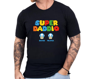 Personalized Dad T-Shirt, Mens Father’s Day Presents, Super Daddio Tee with Children’s Names, Grandpa Top with Grandkids, Papa Clothes from Son or Daughter, Birthday Present for Dad