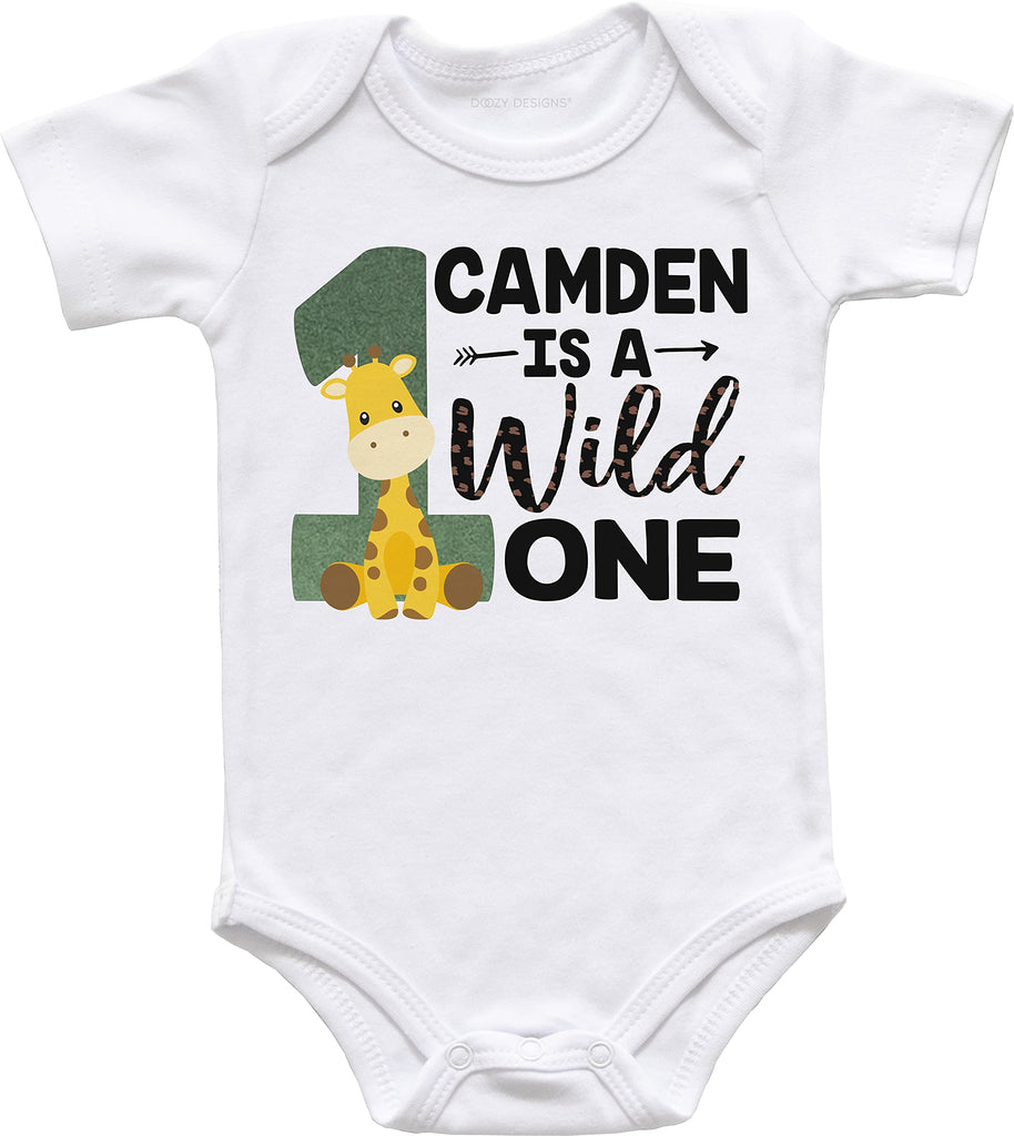 Safari First Birthday Bodysuit, Wild One Birthday Boy or Girl, Personalized Giraffe Birthday Shirt with Name, Zoo Theme Birthday Outfit