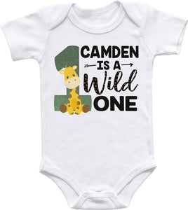 Safari First Birthday Bodysuit, Wild One Birthday Boy or Girl, Personalized Giraffe Birthday Shirt with Name, Zoo Theme Birthday Outfit
