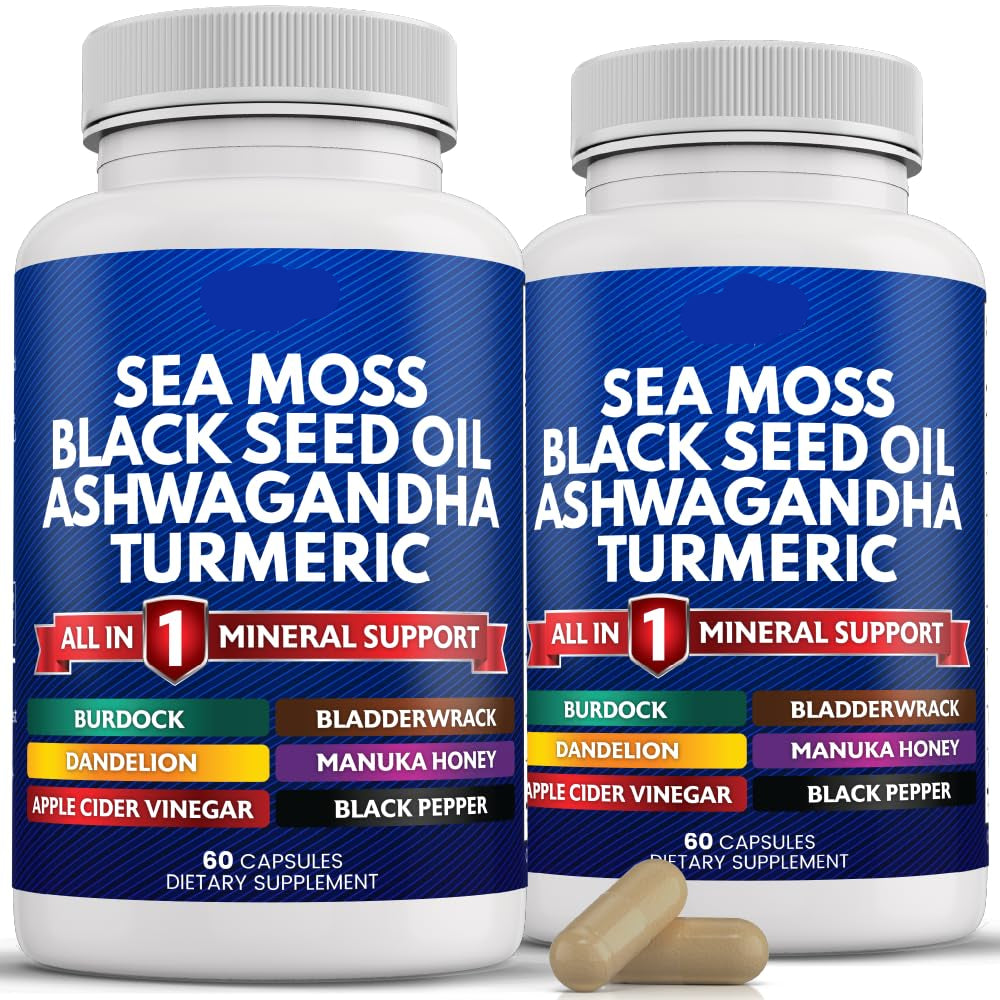 Two bottles of New Age Sea Moss Black Seed Oil Ashwagandha Turmeric supplement on a white background