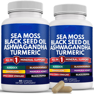 Two bottles of New Age Sea Moss Black Seed Oil Ashwagandha Turmeric supplement on a white background