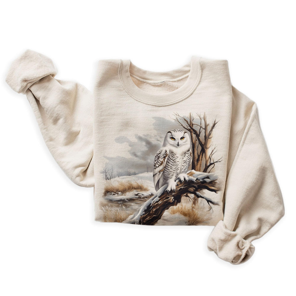 Vintage Snowy Owl Wilderness Scene Sweatshirt - 90s Retro Owl Bird Lover Pullover - Scenic Cozy Winter Forest Trees Nature Sweater - Unisex Graphic Crewneck Sweatshirt