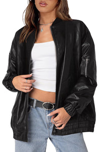 XIEERDUO Faux Leather Jacket Women Oversized Motorcycle Bomber Coats Zip Up Sleeve Pocket 2025 Fall Winter Clothes