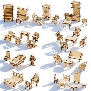 LOVEINUSA DIY Wooden Dollhouse Furniture Set, 3D Puzzle Miniature Room Accessories, Natural Wood