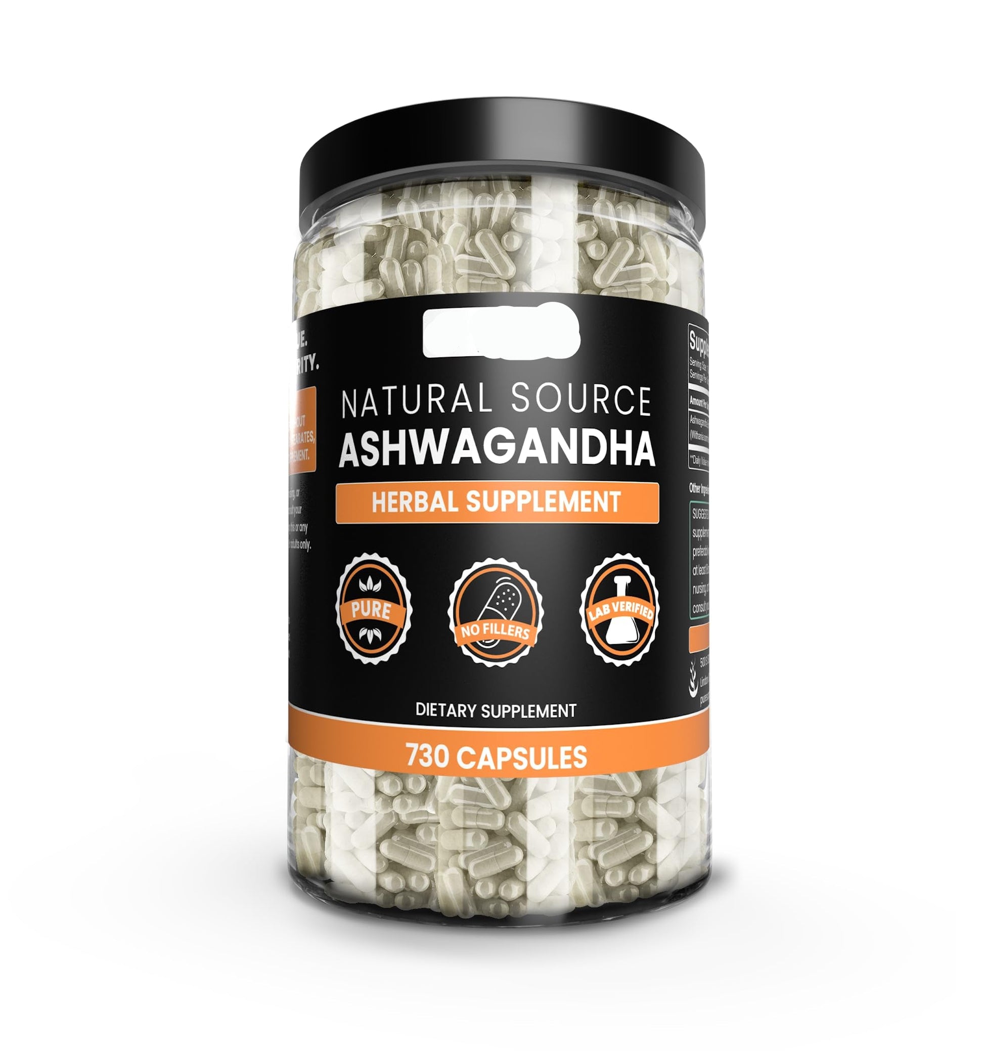 Jar of Pure Ashwagandha herbal supplement capsules on a white background