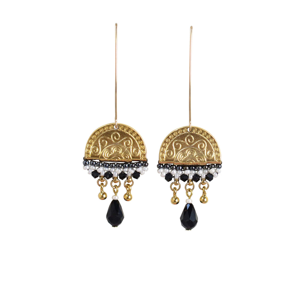 Handmade Boho Black and Gold Drop Beaded Earrings