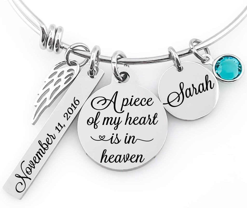 Memorial Charm Bracelet Bangle – Personalized Remembrance Gift with Custom Birthstone Charms – Sympathy Jewelry for Loss of Loved One, Silver or Gold