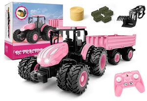 Remote Control Tractor Toy [2026] Kids RC Tractor Set & Truck and Trailer Front Loader - Metal Car Head/8 Wheel/Light, Toddlers Farm Vehicle Toys for 3 4 5 6 7 8 9 Year Old Girls Birthday Gift, Pink