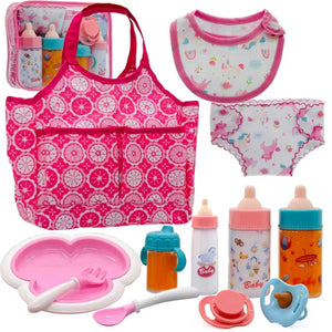 Baby Doll Accessories Magic Bottle Set - Doll Feeding Pretend Playset with Disappearing Milk & Juice Bottles,Handbag Pacifiers Bowl Diaper & Bib Doll Bottle Toys set Gift for Kids Girls Ages 3+