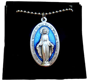 XL Blue Enamel Miraculous Medal, 30" Stainless Steel Ball Chain Miraculous Necklace, Catholic Gift, Our Lady Medal, Italian Medal, Giant Miraculous Medal Measures 1 3/4 inch