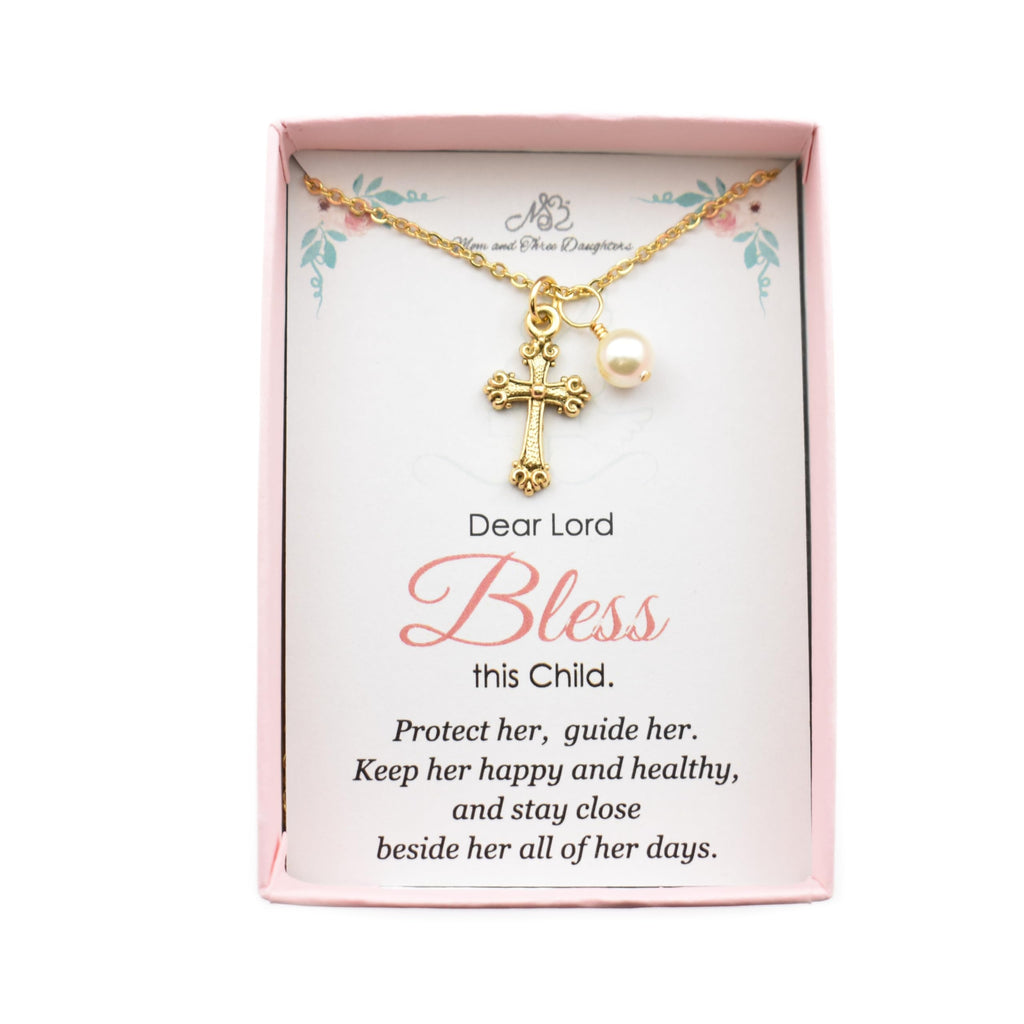 Little Girls Gold Cross Necklace with Crystal Pearl | 14" Plus 2" Extender Chain | Gift for Goddaughter | Baptism Jewelry | First Communion Gift