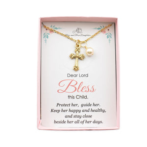 Little Girls Gold Cross Necklace with Crystal Pearl | 14" Plus 2" Extender Chain | Gift for Goddaughter | Baptism Jewelry | First Communion Gift