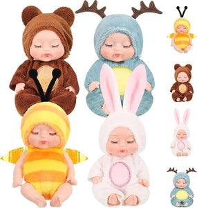 4 Pcs Mini Baby Dolls 4 Inch Gift Set, Cute Small Baby Doll Toys with Animal Clothes for Christmas Stockings, or Dollhouse Collections. (Style F)