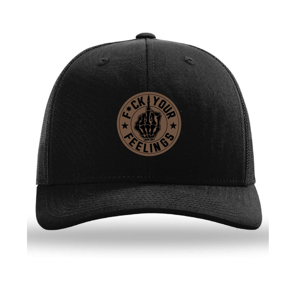 Fuck Your Feelings Hat - Leather Patch Trucker Cap, Richardson 112 Snapback, Richardson Hat, Cap Daddy, Black
