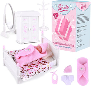 BABESIDE Mini Silicone Baby Dolls, 3 Inch Realistic Newborn Baby Dolls Full Silicone Sleeping Little Mini Real Life Baby Girl Miniature Baby with Playset Accessories(Pink)