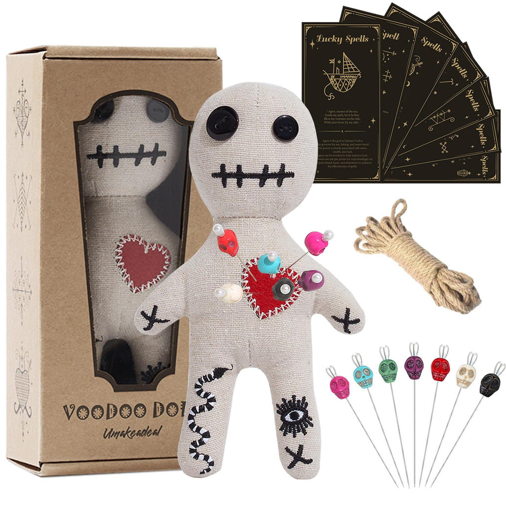 Voodoo Doll Set Include Spell Cards and 7 Pcs Stress Relief Pins, Dammit Creepy Ghost Doll for Halloween Decoration Ornaments Fidget Toys Stress Relieving