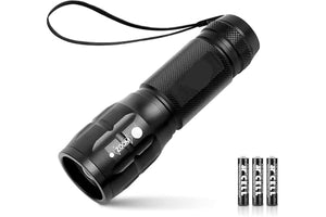 Black flashlight with 'LE' branding on a white background