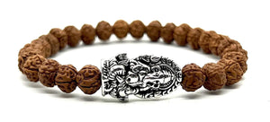 AWAKEN YOUR KUNDALINI Rudraksha Beads Stretchable Bracelet - 8mm Real Chikna Rudraksh Beads - w/God Ganesha Ganesh Ganpati - Wrist Size 7.5 Inches