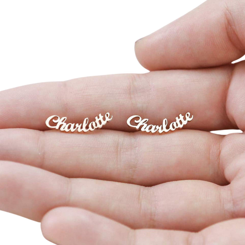 CAITLYNMINIMALIST 18K Gold Plated Sterling Silver Custom Name Personalized Writing Minimalist Personalized Word Stud Earrings Mother Bridesmaids Gift for Her